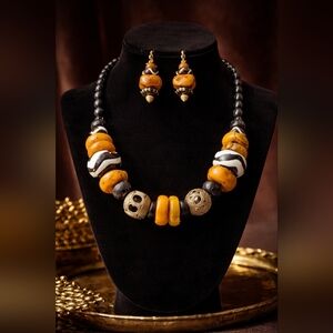 African Batik Bone Brass Lucite Choker Necklace Earrings Set